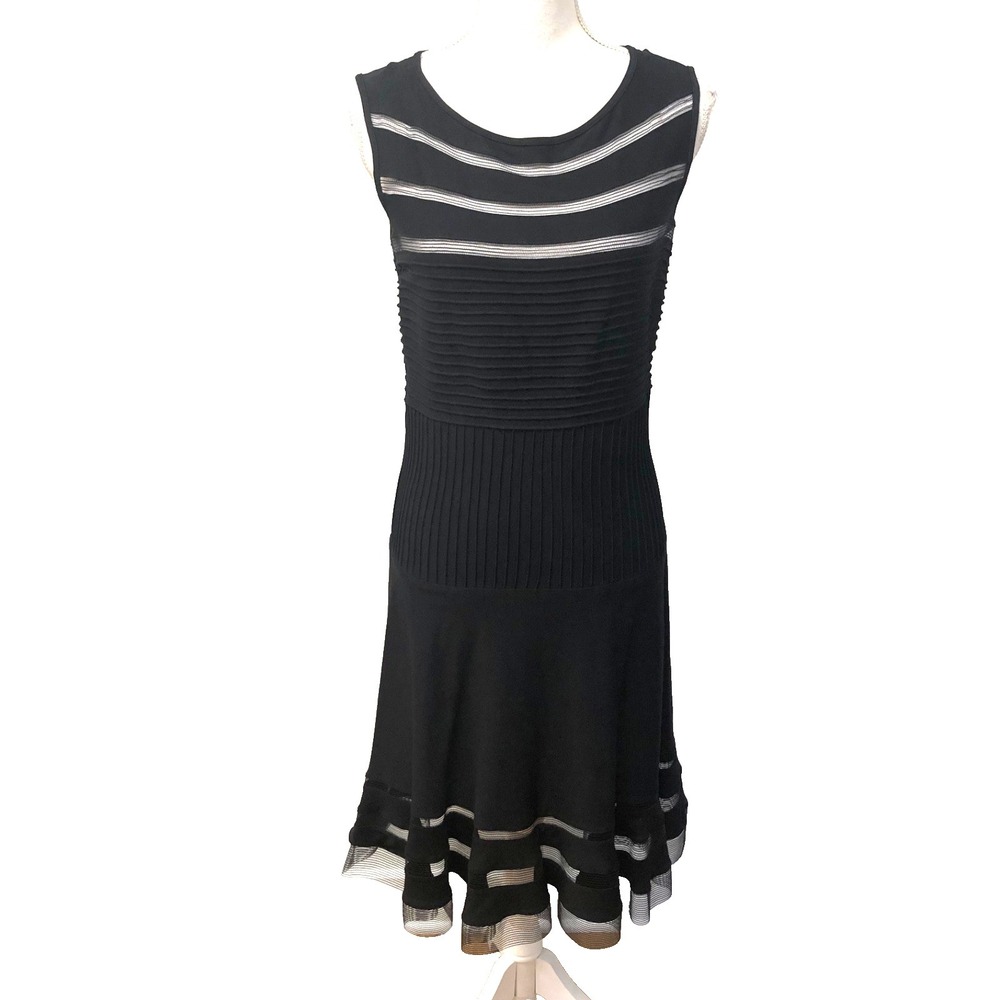 Tadashi Shoji Fit And Flare Dress Womens Medium Black Sleeveless Stripe Party